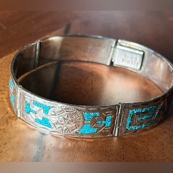 GM 10 MEXICO 925 STERLING SILVER TURQUOISE INLAY Hinge BRACELET 6.75” clasp 22g - Picture 2 of 16